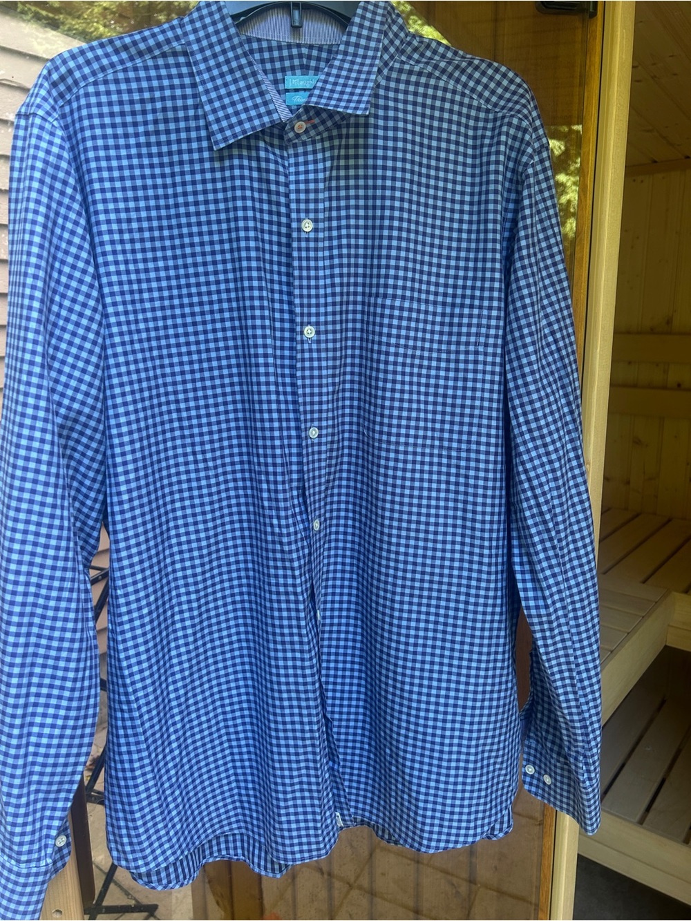J. McLaughlin Trim Fit Blue Checkered button down casual cotton shirt